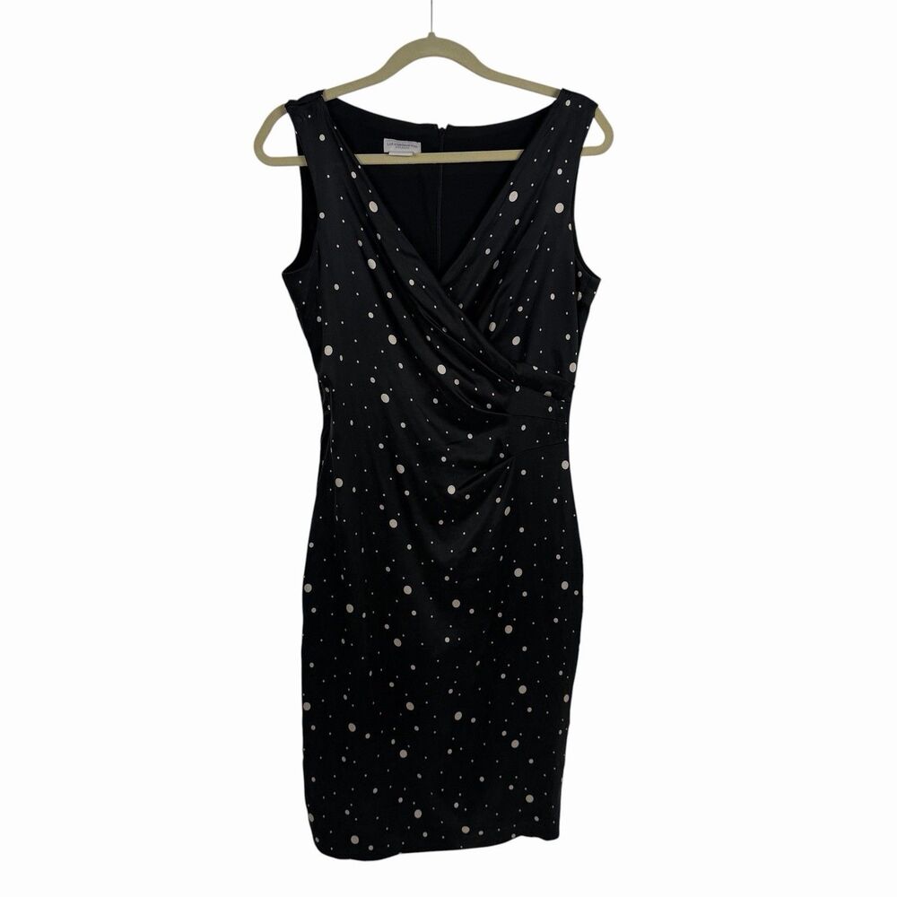Liz Claiborne Silk Dress 10 Black Polka Dot Sleeveless V-Neck Wrap Sheath Career